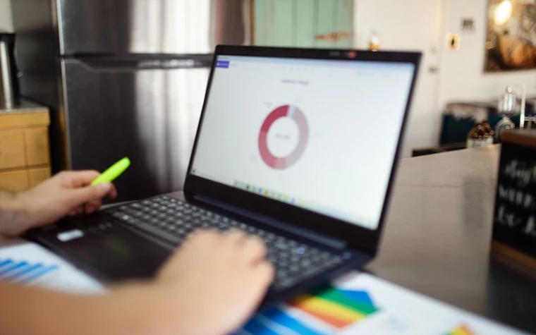 Person analyzing a colorful pie chart on a laptop next to printed stat sheets