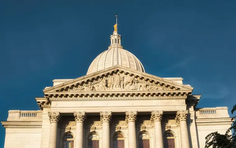 Sunlit view of a domed state capitol building against a deep blue sky