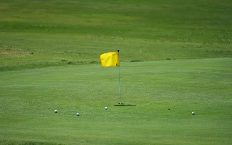 Yellow pin flag marking a hole on a golf green with several golf balls scattered nearby