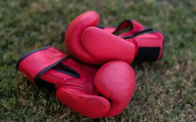 Pair of red boxing gloves resting together on grass outdoors