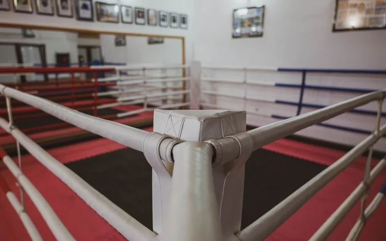 Empty boxing ring interior viewed through the ropes with red and blue corner posts visible