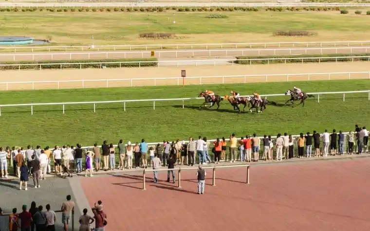 crowd of spectators lined along a white rail on a brick-paved viewing area watching a few horses race on a grass track