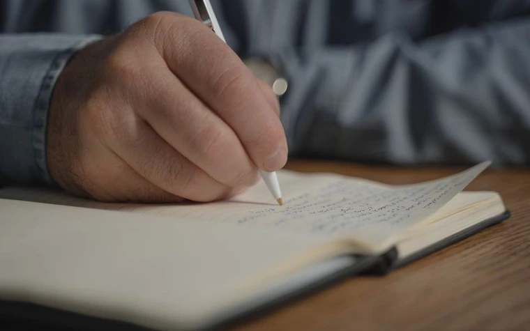 Close-up of a hand writing notes with a pen in an open notebook on a wooden desk