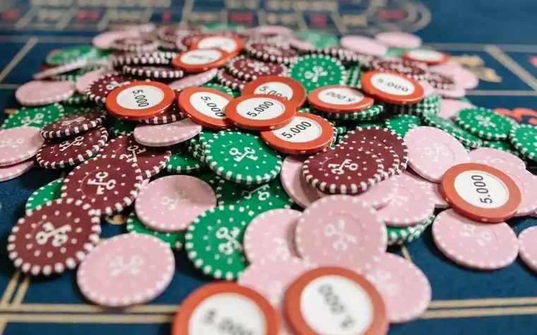 Close-up pile of colorful casino poker chips