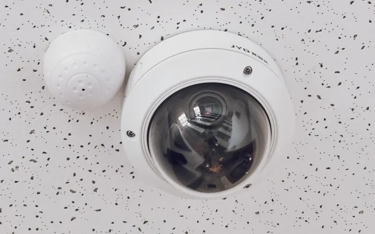A white dome security camera mounted on a ceiling tile, aimed downward to monitor the room below