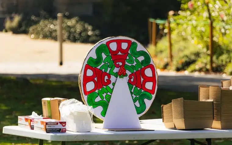 white and red prize wheel with green decorative segments standing on a folding table under trees at an outdoor event