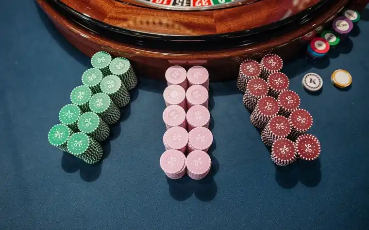 Overhead view of a casino table with stacked chips