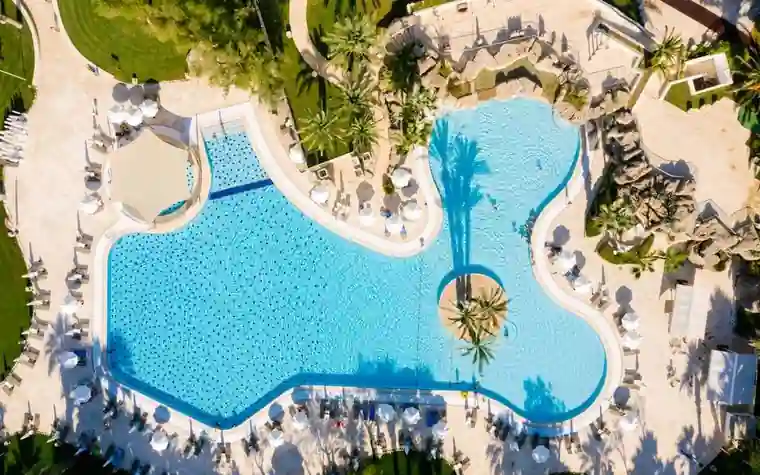 Aerial view of a curved resort swimming pool surrounded by palm trees, loungers, and white umbrellas