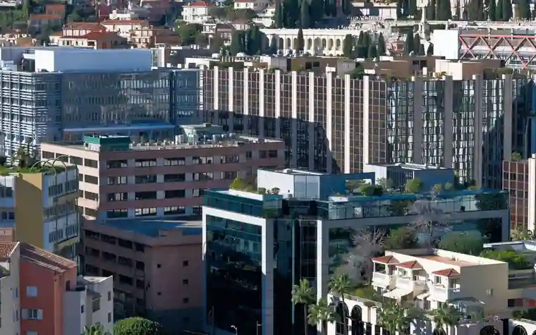 Aerial view of Monaco's dense hillside apartment towers above the coastline