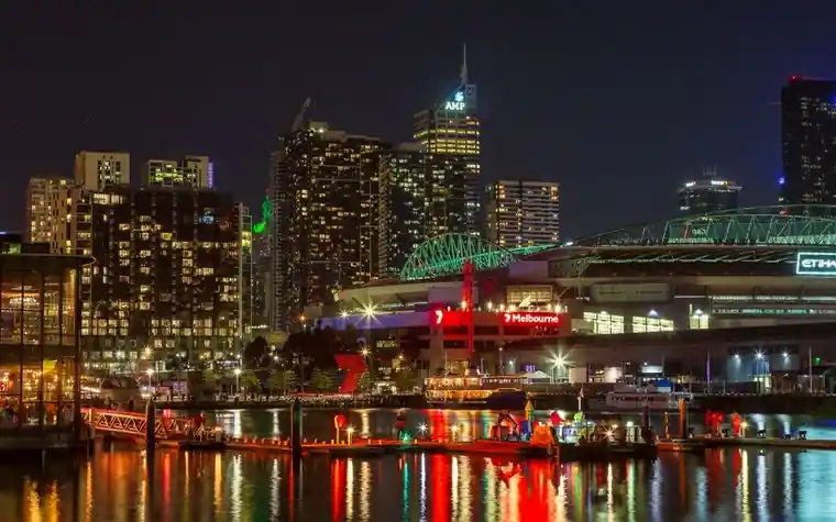 Melbourne skyline lit up at night with reflections on the Yarra River