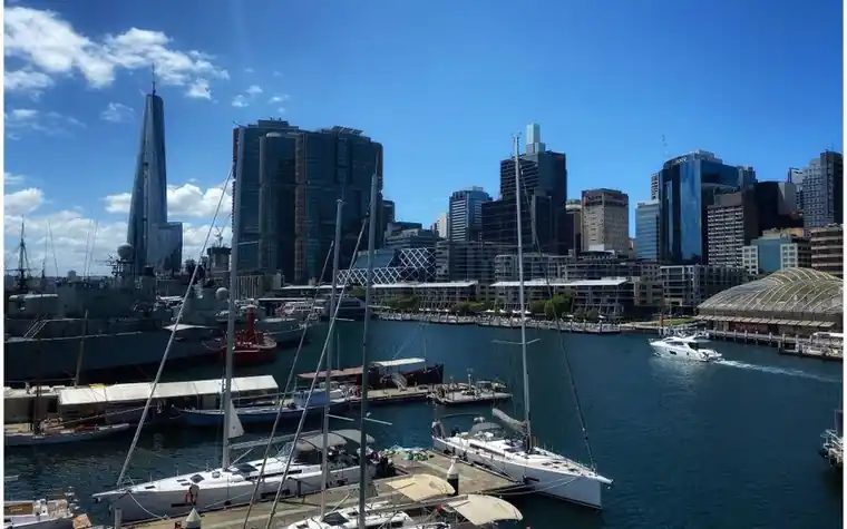 Sydney Darling Harbour waterfront with yachts moored beneath the city skyline