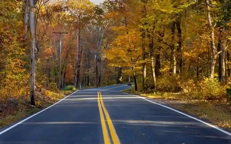 Two-lane road running through a New England forest in autumn foliage