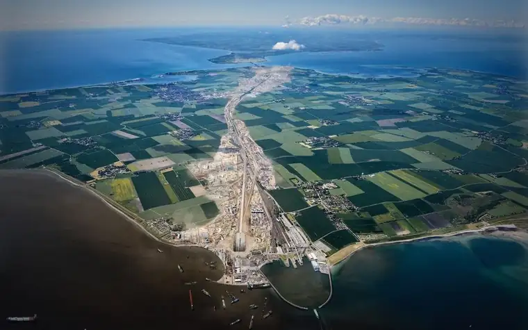 Aerial view of a large-scale coastal land reclamation and construction site