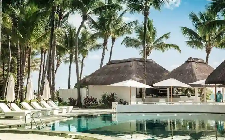 resort pool with thatched-roof cabanas, white umbrellas and tall palm trees beside a row of loungers